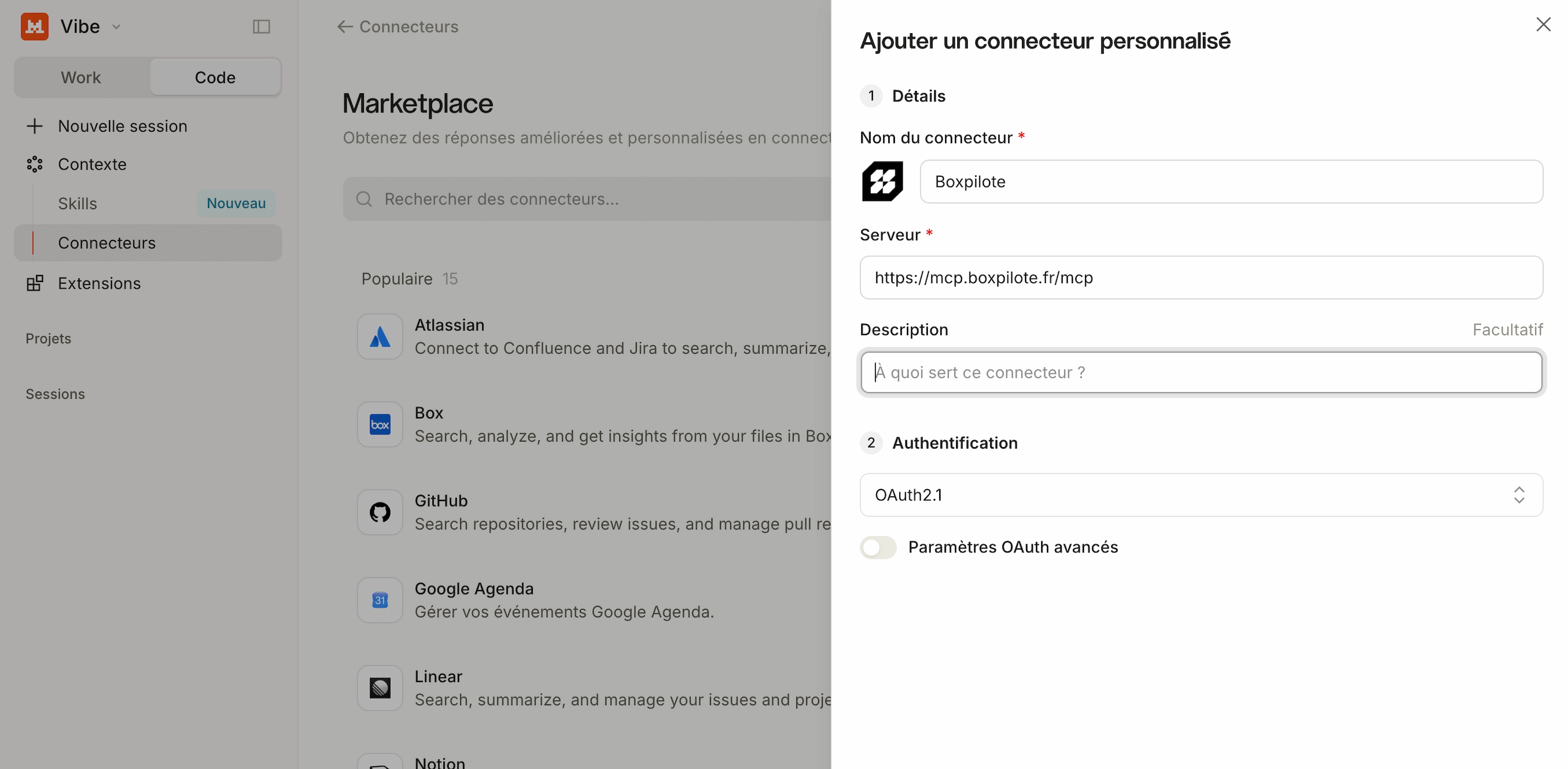 Ajout du serveur MCP Boxpilote comme connecteur personnalisé, avec l'URL https://mcp.boxpilote.fr/mcp