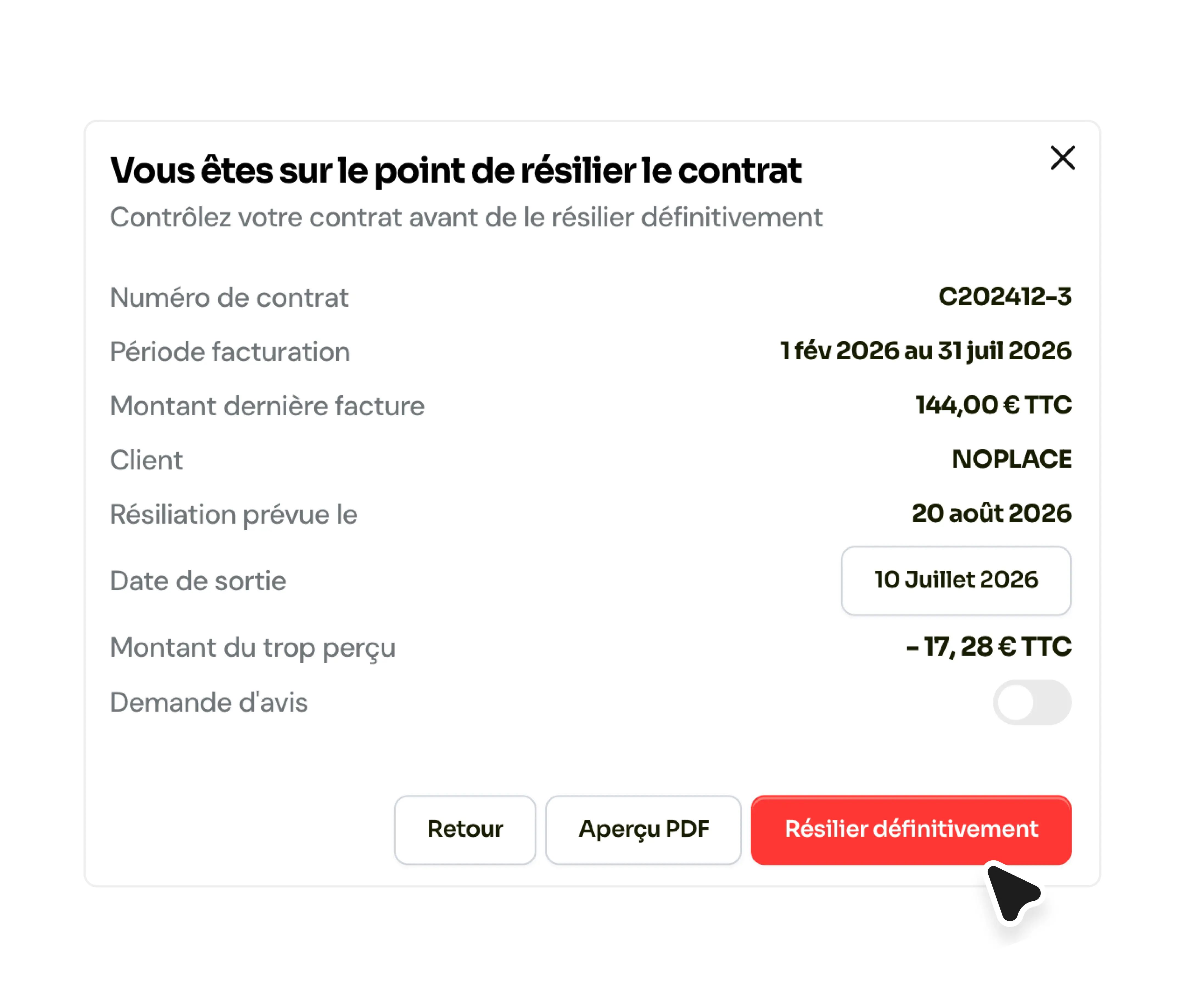Résiliation de contrat en un clic